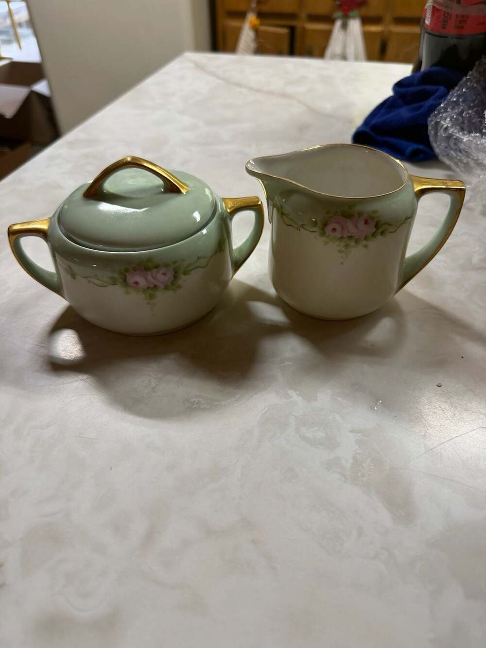 Antique MZ Austria Hand-Painted Porcelain Creamer and Sugar Bowl Set Mint Green